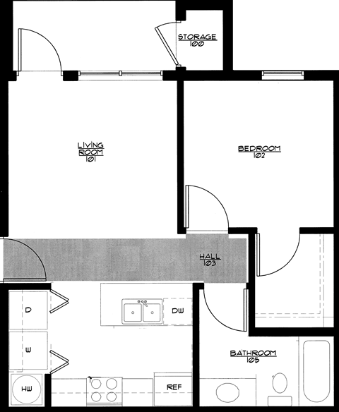 Floor plan for 1 bed, 1 bath, 628 sqft